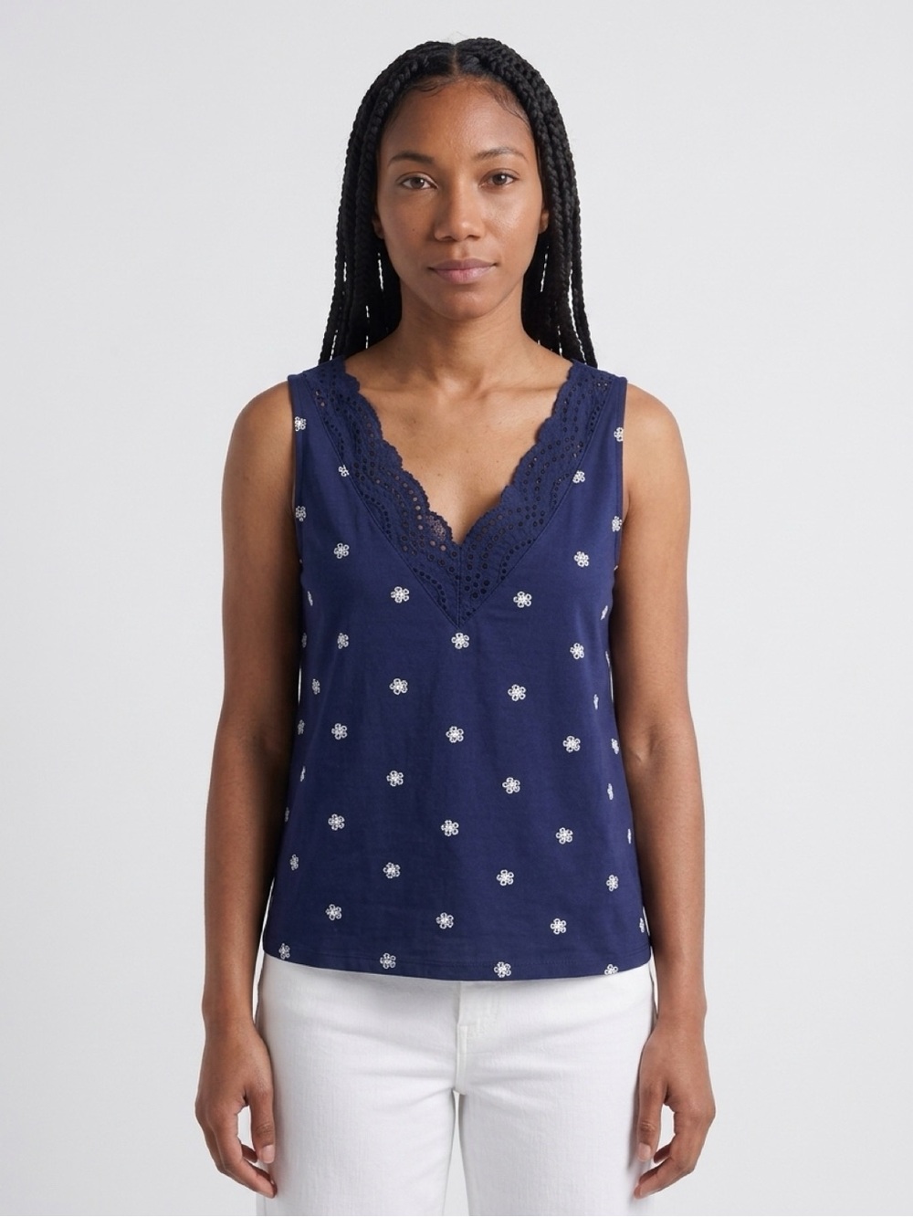 Talbots Navy Blue Floral Eyelet V-Neck Tank